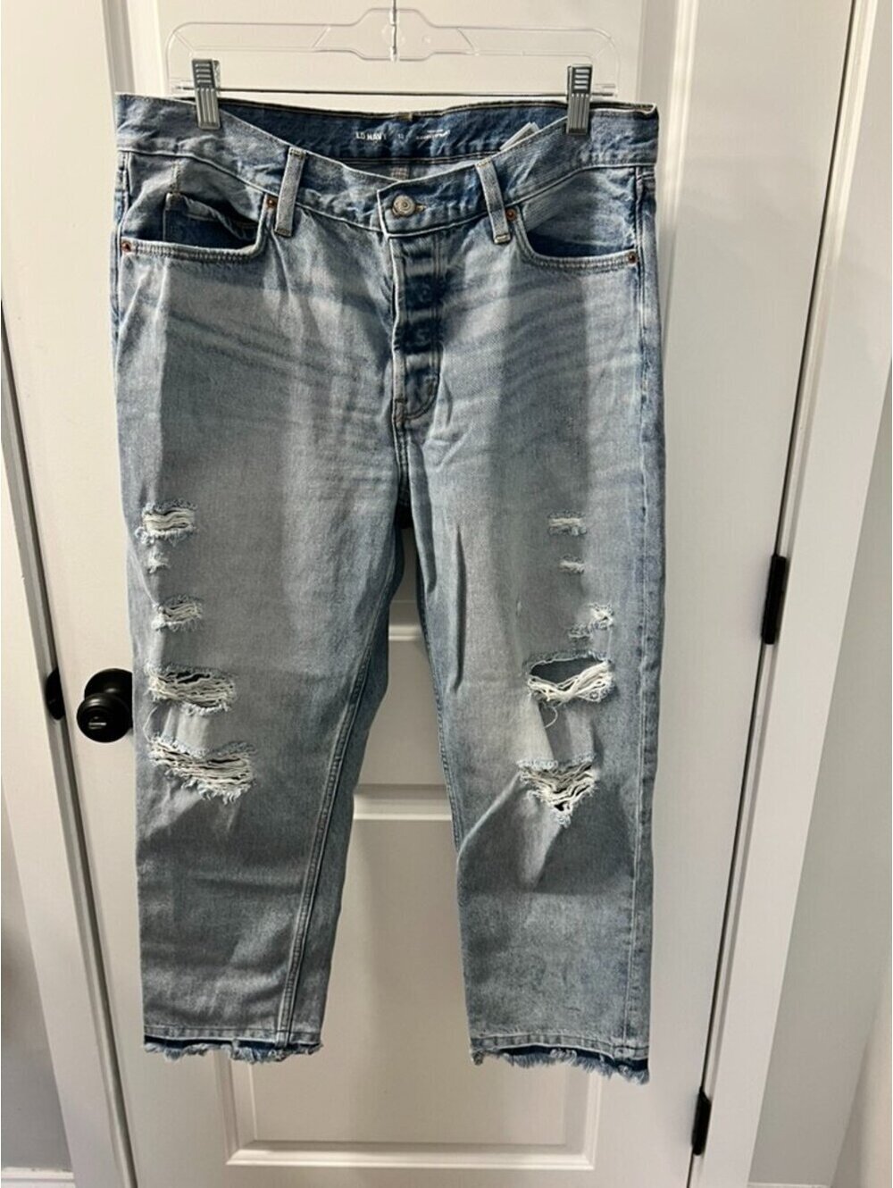 Old Navy High Rise Slouchy Straight Jeans Sz 12 Distressed Light Wash Button Fly
